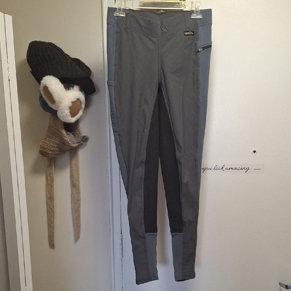 Kerrits Riding Tights Size L Gray Performance Pocket Grip Equestrian Breeches